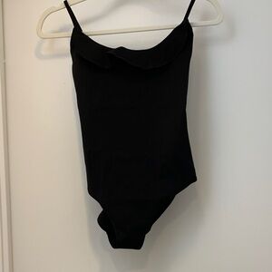 Black Ruffle-Trim One-Piece Swimsuit or bodysuit